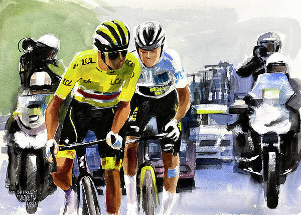 Le Tour De France Art Print featuring the painting Pogacar Vingegaard, Stage 17 TDF2021 by Shirley Peters