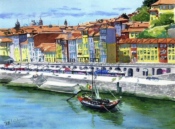 Portugal Art Print featuring the painting Porto Ribeira Painting by Dora Hathazi Mendes