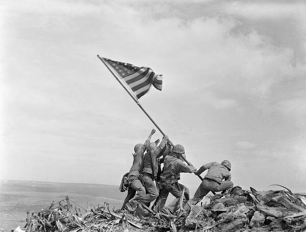Iwo Jima Art Print featuring the photograph Raising the Flag on Iwo Jima - WW2 - 1945 by War Is Hell Store
