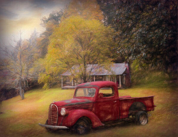 Truck Art Print featuring the photograph Red Pickup Truck at the Farm Painting by Debra and Dave Vanderlaan