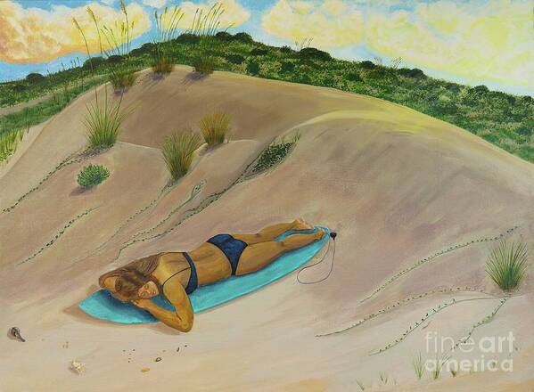 Surfer Girl Art Print featuring the painting Resting in the Dunes by Jenn C Lindquist