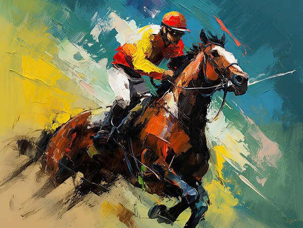Horse Racing Art Print featuring the painting Rider's Dream - Jockey Art - Horse Racing Art by Lourry Legarde