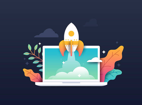 New Business Art Print featuring the drawing Rocket Taking off from Computer Laptop by Filo