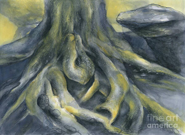 Root Art Print featuring the painting Root on the rock plateau by Adriana Mueller