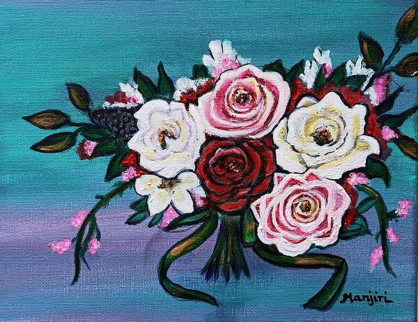 Flower's Art Print featuring the painting Roses bouquet Floral fantasy by Manjiri Kanvinde