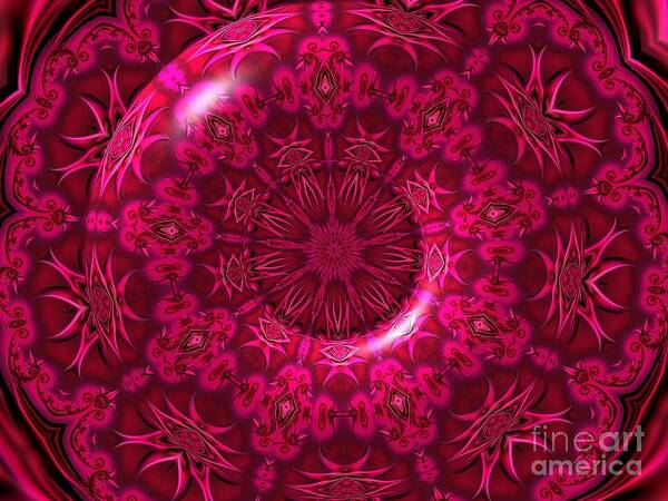 Ruby Red Crystal Abstract Fractal Kaleidoscope Mandala Art Print featuring the digital art Ruby Red Crystal Abstract Fractal Kaleidoscope Mandala by Rose Santuci-Sofranko