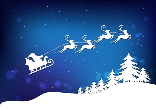 Santa Art Print featuring the digital art Santa's Sleigh And Reindeer Christmas Card by Serena King