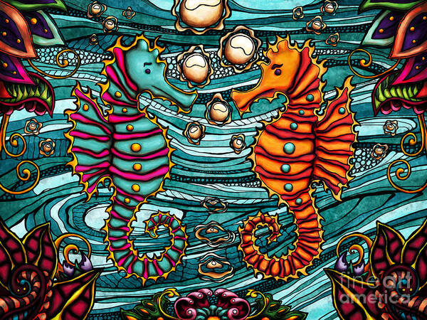 Ocean Art Print featuring the painting Sea creatures couple painting, colorful seahorses by Nadia CHEVREL