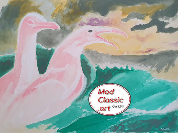 Seagulls Art Print featuring the painting Sea Gulls with Waves ModClassic Art by Enrico Garff