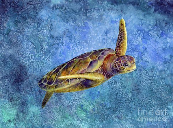 Underwater Art Print featuring the painting Sea Turtle 2 on Blue by Hailey E Herrera