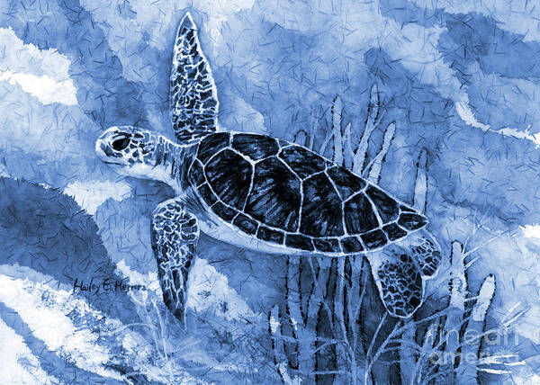 Urtle Art Print featuring the painting Sea Turtle in Blue by Hailey E Herrera