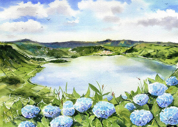 Sete Cidades Art Print featuring the painting Sete Cidades in Azores Sao Miguel Painting by Dora Hathazi Mendes