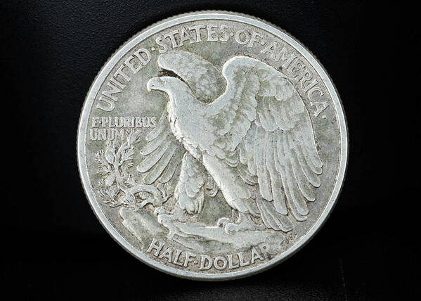 Silver Coin Art Print featuring the photograph Silver Coins 1945 Walking Liberty Half Dollar Back by Amelia Pearn