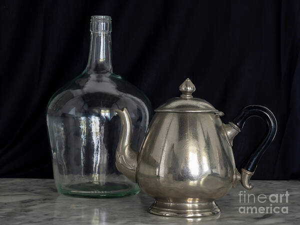 Culture Art Print featuring the photograph Silver Teapot and Demijohn Black Background Marble Table by Pablo Avanzini