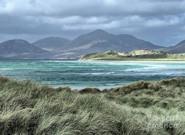 Mountains Sea Grassland Landscape Seascape Scotland Harris Highlands Hills Gentle Delicate Soft Impressions Impressionistic Impressionism Atmospheric Aesthetic Scenery Beautiful Delightful Pretty Serenity Light-hearten Sea Grass Sky Cloudy Foggy Misty Shore Beach Waves Surf Moody Sentimental Emotional Painterly Artistic Watercolor Peaceful Pastel Pastoral Tranquil Tranquillity Breathtaking Relaxation Relaxing Calm Hazy Charming Attractive Romantic Dream-like Idyllic Heart-warming Poetic Morning Art Print featuring the photograph Soft Waves Of Mountains Sea And Grassland-beauty Of Scottish Landscape- Scotland Harris Highlands by Tatiana Bogracheva