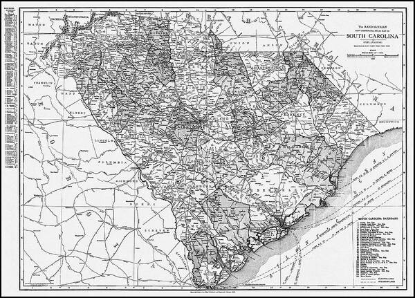 South Carolina Art Print featuring the photograph South Carolina Vintage Map 1913 Black and White by Carol Japp