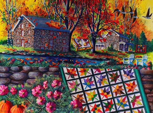 Landscape Of Stone Mill Autumn Crossing Art Print featuring the painting Stone Mill Autumn Crossing by Diane Phalen