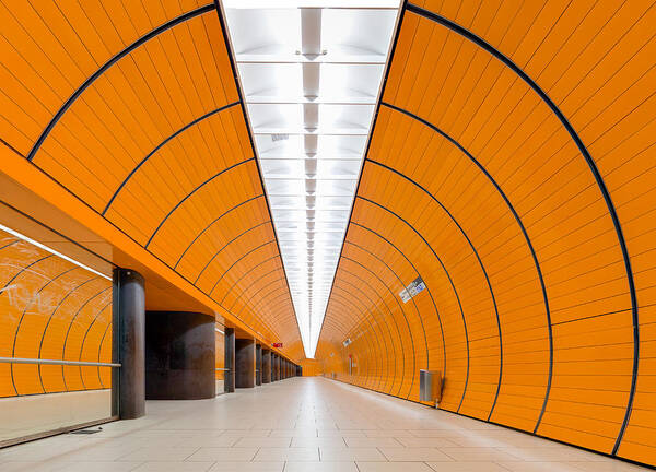 Orange Color Art Print featuring the photograph Subway Station Marienplatz, Munich by Christian Beirle González