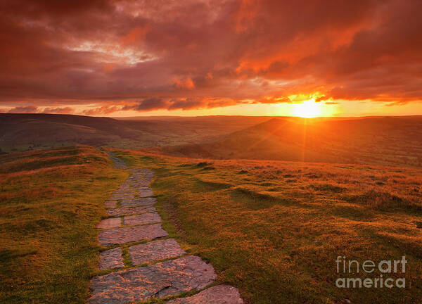 Mam Tor Path Art Print featuring the photograph Sunrise at the Great Ridge Mam Tor, Peak District, England by Neale And Judith Clark
