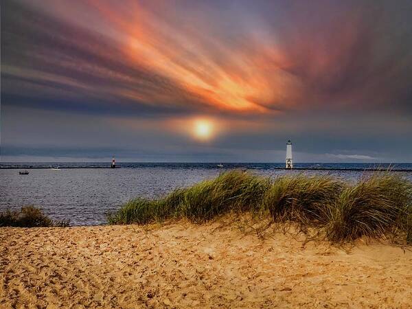 Northernmichigan Art Print featuring the photograph Sunset at Betsie Harbor Entrance IMG_3653 by Michael Thomas