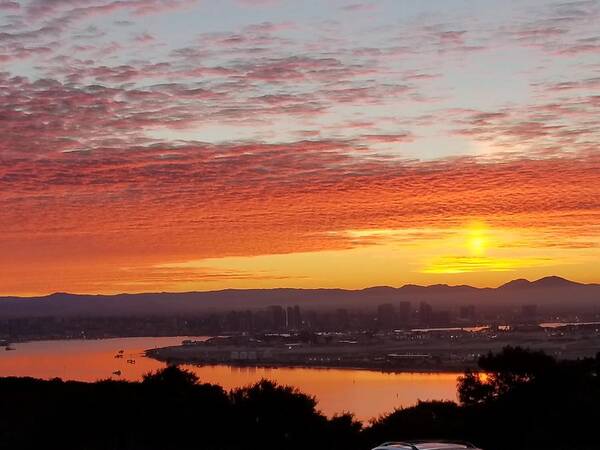 Sunset Water Bay Trees Yellow Orange Grey Clouds Island Art Print featuring the digital art Sunset over Mission Bay by Kathleen Boyles