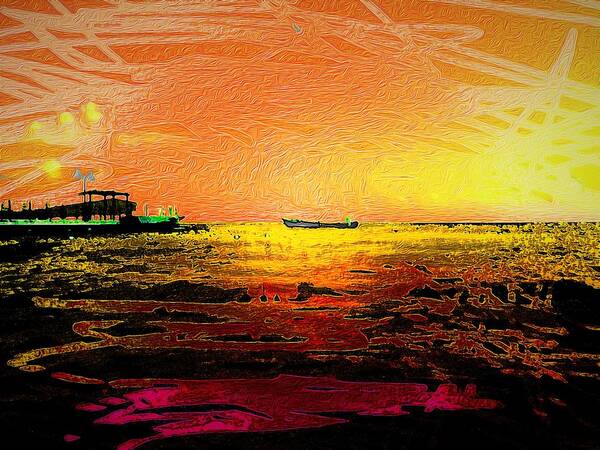 Sunset Waters Art Print featuring the digital art Sunset Waters 2 by Aldane Wynter