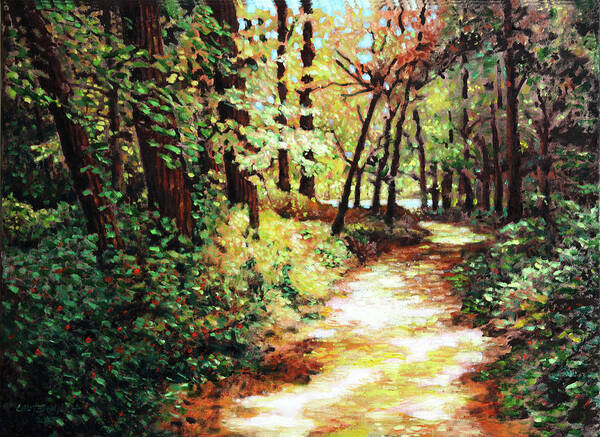 Woods Art Print featuring the painting Sunspots on the Path Home by John Lautermilch