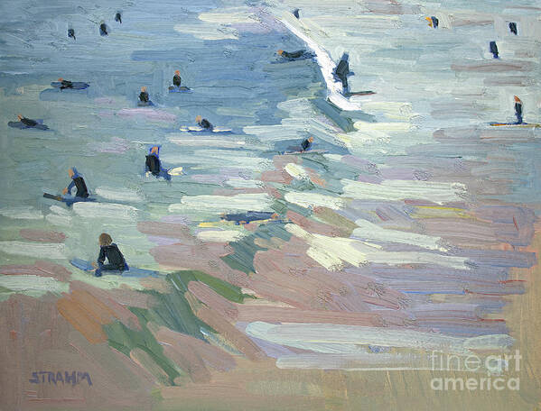 Surfing Art Print featuring the painting Surfing USA - Surfers Waiting to Catch a Wave and Catching Waves in Southern California by Paul Strahm