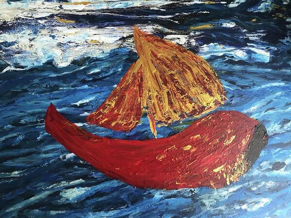 Red Boat Art Print featuring the painting The Little Red. Boat by Medge Jaspan
