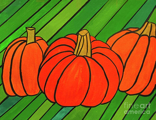 Fall Art Print featuring the mixed media Three Pumpkins by Lisa Neuman