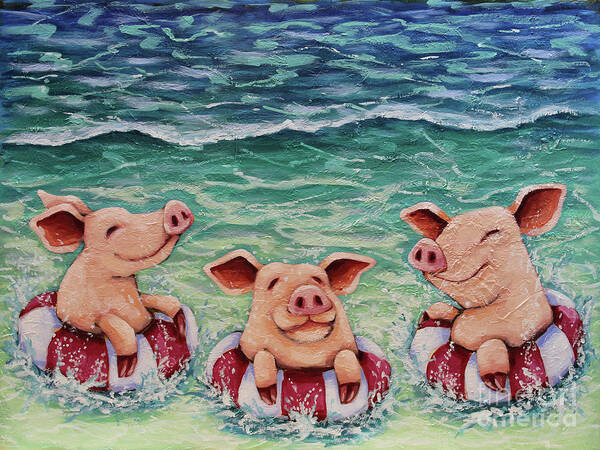 Pig Art Print featuring the painting Three Swimming Pigs by Lucia Stewart