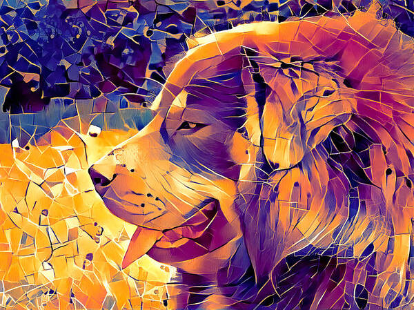 Tibetan Mastiff Art Print featuring the digital art Tibetan Mastiff dog sitting profile with its mouth open - irregular tiles mosaic effect by Nicko Prints