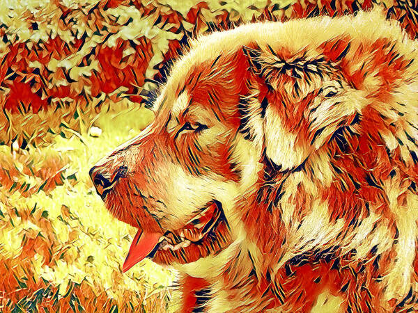 Tibetan Mastiff Art Print featuring the digital art Tibetan Mastiff dog sitting profile with its mouth open - sandwisp and tabasco colors by Nicko Prints