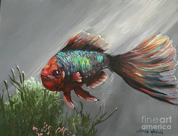 Tropical Fish Miroslaw Chelchowski Acrylic Painting On Canvas Ocean Fish Water Seascape Under The Sea Colors Red Blue Fin Seaweed Underwater Gray Deep In The Sea Ocean Beauty Art Print featuring the painting Tropical fish by Miroslaw Chelchowski
