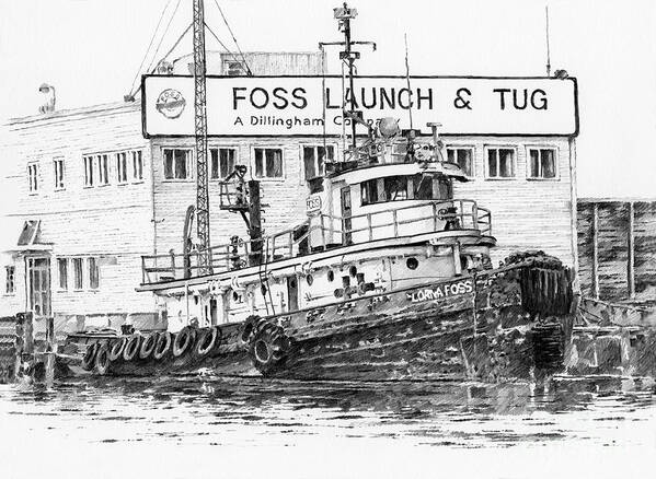 Foss Launch And Tug Art Print featuring the drawing Tugboat LORNA FOSS by James Williamson