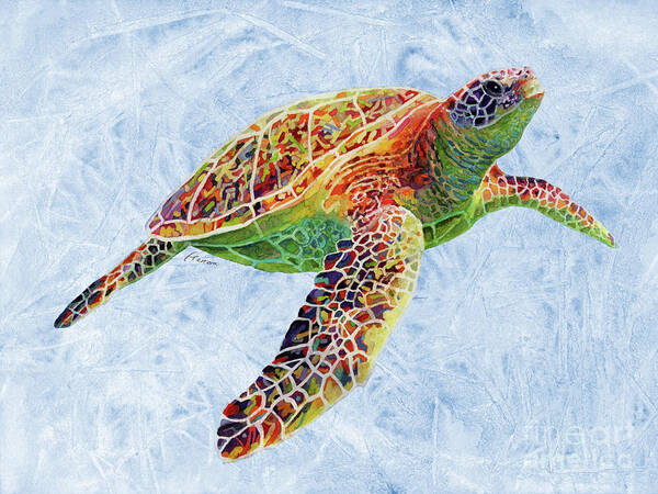 Turtle Art Print featuring the painting Turtle Reflections on Blue by Hailey E Herrera