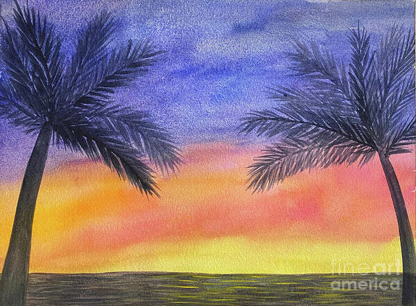 Palm Trees Art Print featuring the painting Two Palm Trees at Sunset by Lisa Neuman