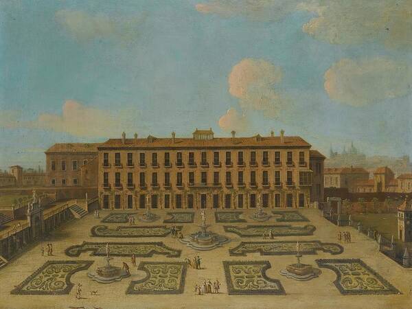  Art Print featuring the drawing View Of A Palace Possibly The Palacio Riofrio In Segovia With Figures Promenading In The Formal Gard by Follower of Francesco Battaglioli Italian