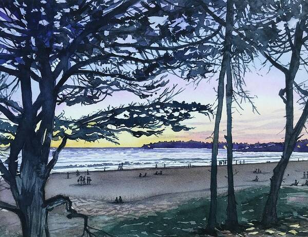 Carmel Art Print featuring the painting Watching the Sunset - Carmel Beach by Luisa Millicent