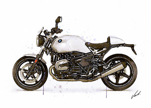 Motorbike Paitning Art Print featuring the painting Watercolor BMW NineT PURE motorcyclebb- oryginal artwork by Vart. by Vart