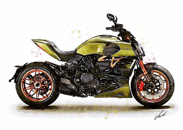 Motorcycle Art Print featuring the painting Watercolor Ducati Diavel Lamborghini motorcycle - oryginal artwork by Vart. by Vart