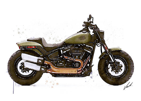 Motorcycle Art Print featuring the painting Watercolor Harley-Davidson FAT BOB motorcycle - oryginal artwork by Vart. by Vart