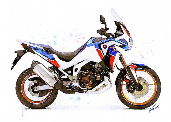 Motorcycle Art Print featuring the painting Watercolor Honda Africa CRF 1100 Twin motorcycle - oryginal artwork by Vart. by Vart