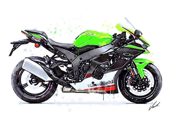 Sport Art Print featuring the painting Watercolor Kawasaki Ninja ZX10R motorcycle - oryginal artwork by Vart. by Vart Studio