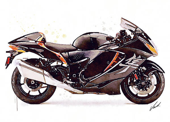 Sport Art Print featuring the painting Watercolor Suzuki Hayabusa GSX 1300R motorcycle - oryginal artwork by Vart. by Vart Studio
