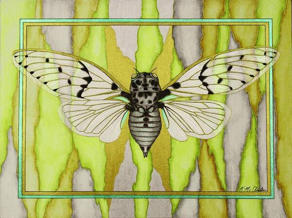 Kim Mcclinton Art Print featuring the mixed media White Ghost Cicada by Kim McClinton