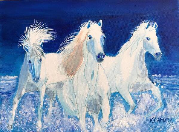 Pets Art Print featuring the painting White Horses on Beach by Kathie Camara