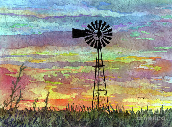 Windmill Art Print featuring the painting Windmill Sunset 3 - pastel colors by Hailey E Herrera