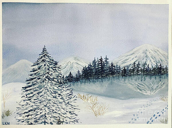 Winter Art Print featuring the painting Winter Tree and Mountains by Lisa Neuman