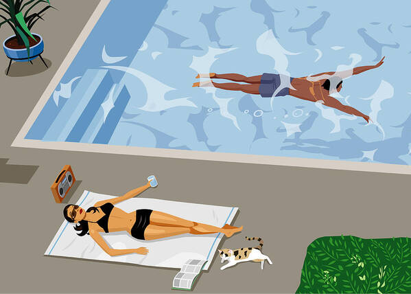 People Art Print featuring the drawing Woman sunbathing beside swimming pool by Greg Paprocki